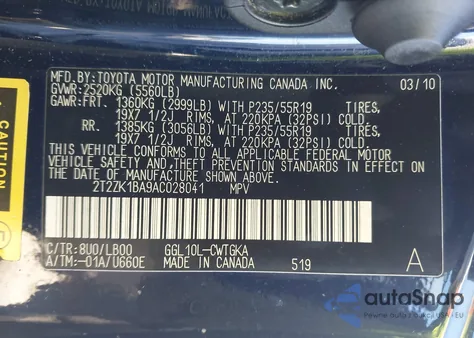 2010 Lexus Rx 350 из США, поврежденный, VIN 2T2ZK1BA9AC028041